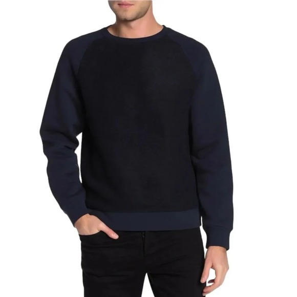 Vince Mens Dark Navy Blue Faux Shearling Teddy Crew Neck Pullover Sweater Size L - Picture 1 of 9